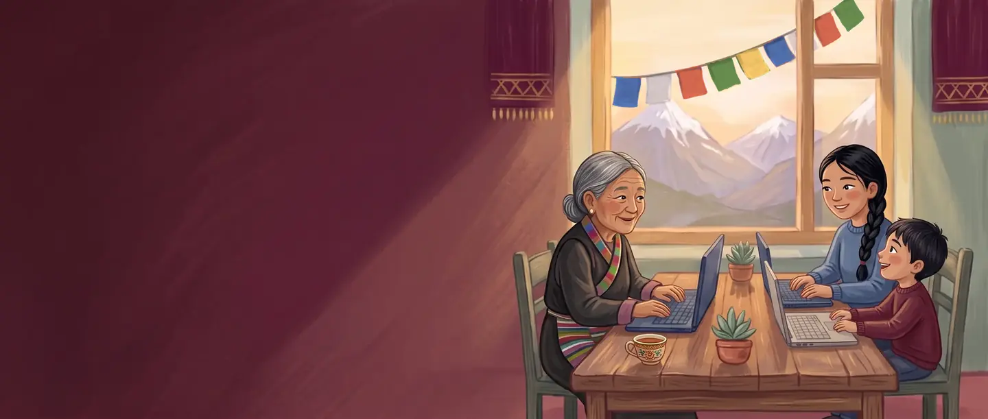 A painting of a grandmother in a chuba, a teenage girl and a small boy, each typing on a laptop at a wooden table, with prayer flags and snowy mountains in the window
