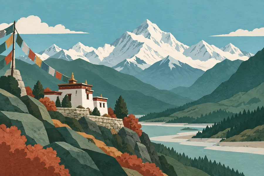 Illustrated Himalayan peaks and a Tibetan home